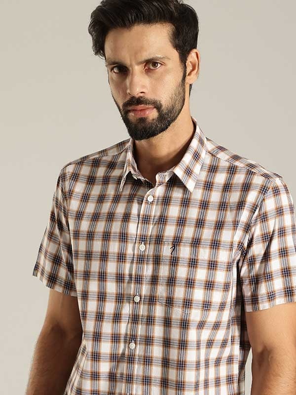 Indian Terrain Men's Slim Fit Half Sleeve Checkered White Shirt